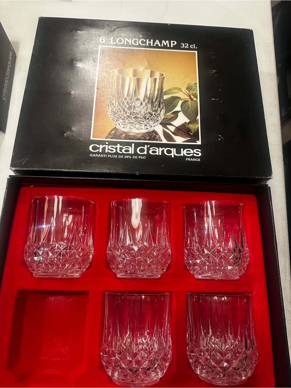 Longchamp Clear Crystal Tumbler Glasses with Red Presentation Tray - Set of 5